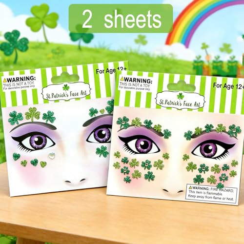 St. Patrick's Day Glitter Face Stickers - Green Shamrock Gems