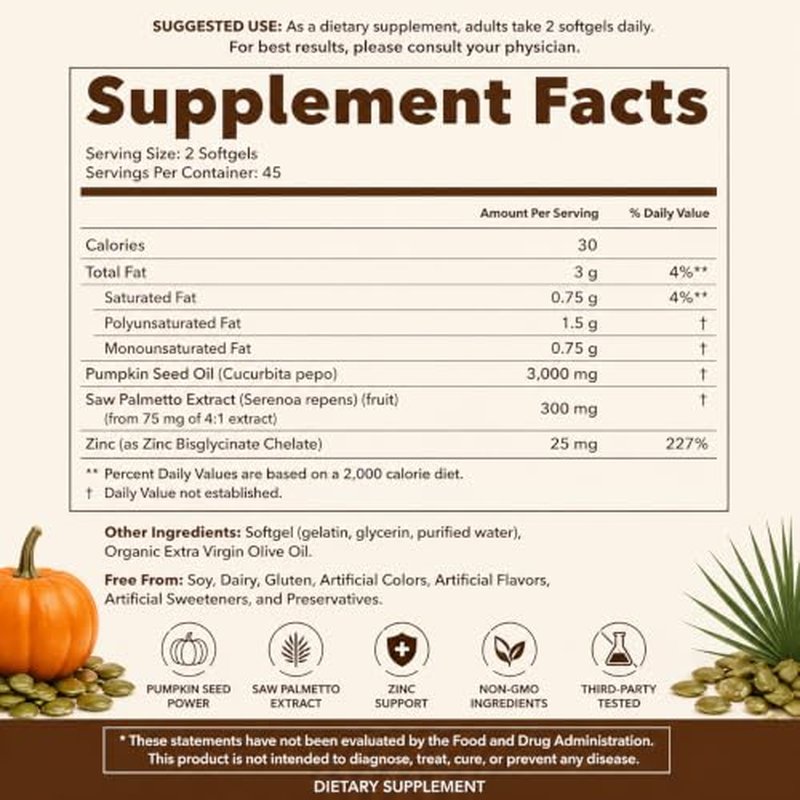 Pumpkin Seed Oil with Saw Palmetto Softgels, 90 Count