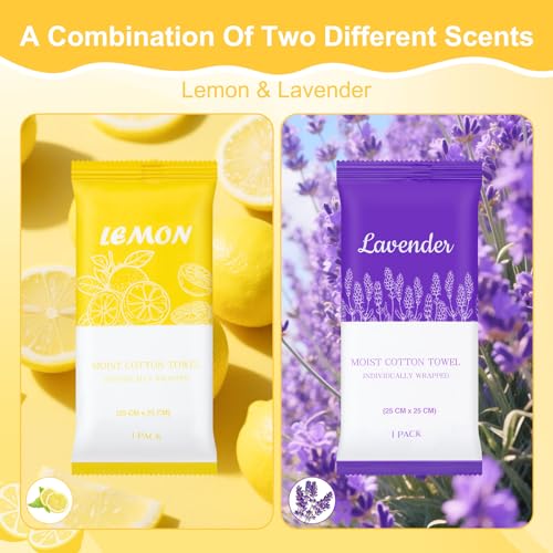 Moist Cotton Towels, 10"x10" Disposable Refreshment Pre Moistened Towels Individually Wrapped Face & Body Wet Moist Terry Cotton Towelettes for Travel Hotel Sport Camping Spa (Lavender Lemon 100Pcs)