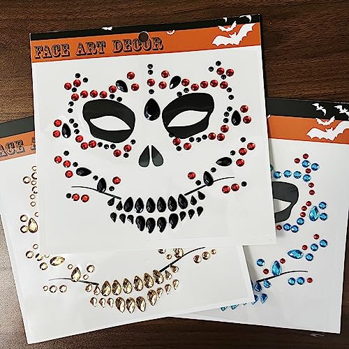 Face Jewels Temporary Face Tattoos, 6-Pack Day Of The Died Skull Festival Face Gems, Crystal Make up Eye Glitter Face Stickers for Halloween