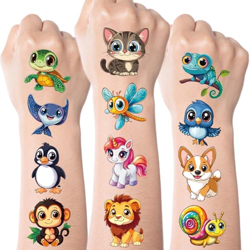 JCFIRE Larger Temporary Tattoos For Kids, 102 Styles Mixed Cute Animals Stickers Birthday Party Favors for Kids 3-5 4-8, Goodie Bag Stuffers Party Supplies Decoration Gifts Activities Games Christmas