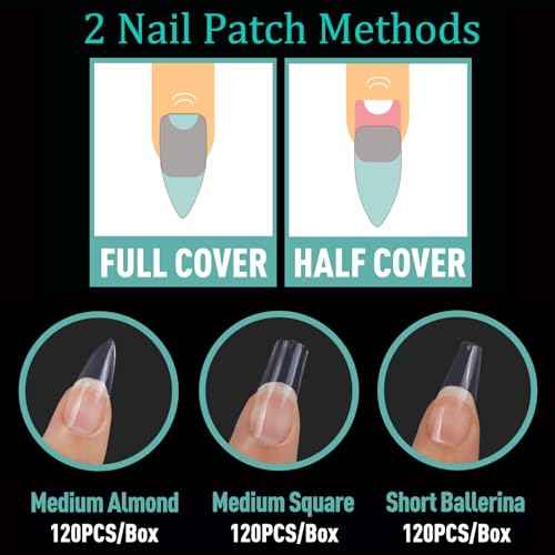 Soft Gel False Nail Tips 3 Styles Kit - Medium Almond, Square and Ballerina, 360PCS Pre-shaped Half Matte Full Cover Acrylic Nail Tips, Nail Extension DIY Manicure Salon Home, 12 Sizes,BlueZOO
