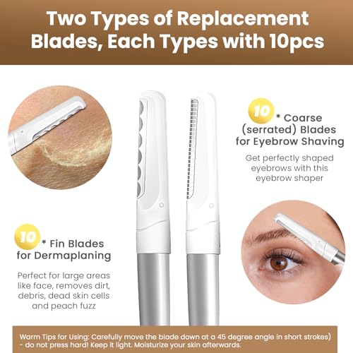 Dermaplaning Tool for Face, 20 Blade Refills, Dermaplane Razor for Face, Hair Remover Blade for Eyebrows and Peach Fuzz, Facial Shaver for Women That Helps Exfoliate and Smooth The Skin