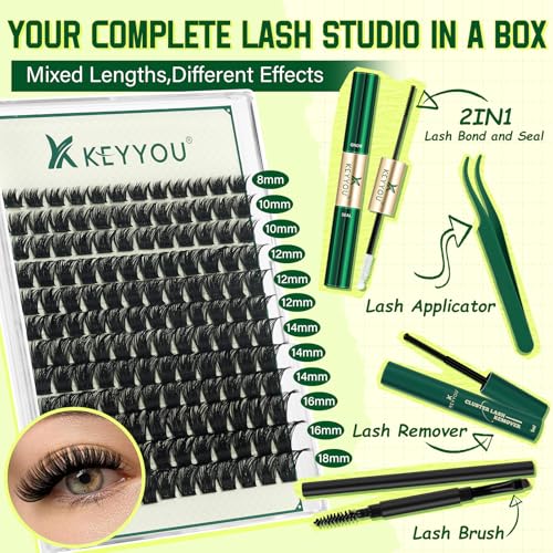 KEYYOU Lash Clusters Kit 144pcs Thick Volume D Curl Eyelash Clusters Lash Extension Kit with Mascara Brush Bond and Seal Glue Remover Applicators and Brush for DIY Lash Extensions (Y02)
