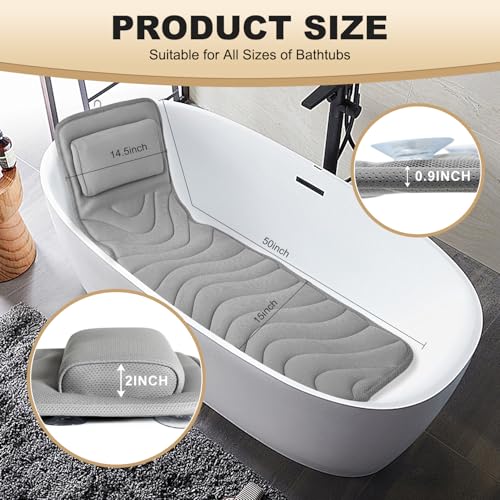 Full Body Bath Pillow for Bathtub, Non-Slip Bath Pillows for Tub, Spa Bathtub Pillow Cushion for Headrest Neck Shoulder and Back Rest Support£¬Relaxation Spa Accessories-50 x 15" (Grey)