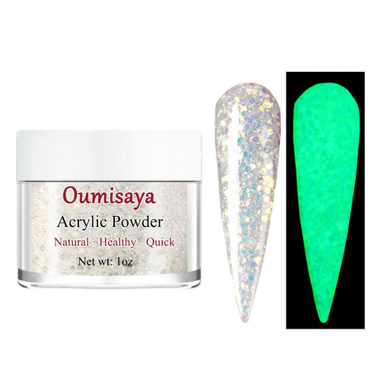 OUMISAYA Glow in the dark Glitter Nail Acrylic Powder White Color 1OZ (APG031)