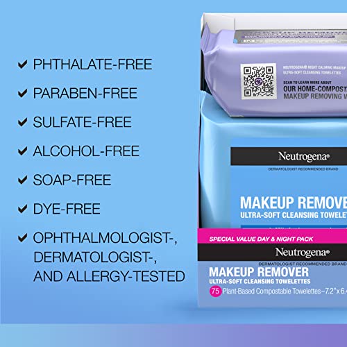 Neutrogena Day & Night Wipes, Makeup Remover Face Cleansing Towelettes & Night Calming Facial Cloths, 100% Plant Based Fibers Wipe Away Dirt, Alcohol-Free, 3 Packs of 25 ct, 75 ct