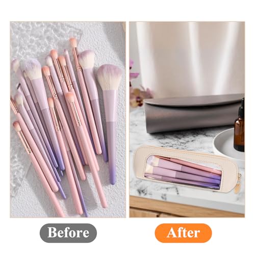 Small Clear Makeup Bag, Portable PU Leather Cosmetic Pouch Beige