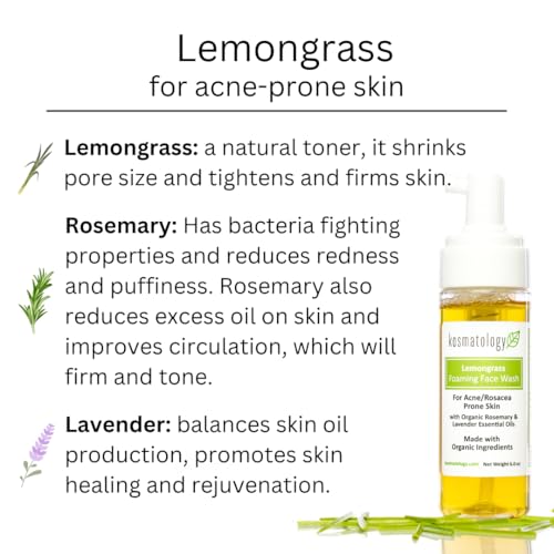 kosmatology Lemongrass Organic Foaming Face Wash ? 6 fl oz | Natural Acne Treatment for Oily & Rosacea-Prone Skin | Gentle Cleanser with Rosemary & Lavender | Vegan & Cruelty-Free