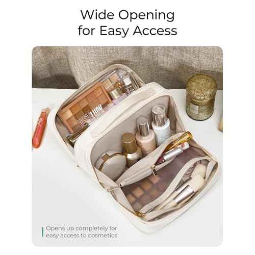 BAGSMART Travel Makeup Bag Cosmetic Bag for Women, Wide-open Portable Make Up Organizer for Women for Essentials Cosmetics Toiletries Accessories, Brushes, Medium Capacity