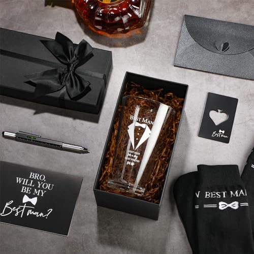 Qinyoung 7 Pcs Best Man Gifts Wedding Proposal Gift for Groomsman 16 oz Beer Glass Cup Bottle Cap Opener Socks Multi Tool Ballpoint Pen with Greeting Card Black Envelope Box(Best Man)