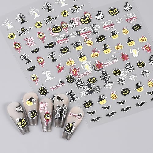 Halloween Nail Stickers 3D Self-Adhesive Nail Decals Halloween Skull Ghost Bat Pumpkin Design Cute Nail Art Stickers Glow in The Dark Nail Decorations for Women Halloween Nail Supplies (6 Sheets)