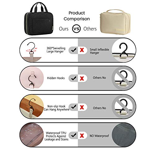 BAGSMART Medium Black Travel Toiletry Bag with Hanging Hook & Water-Resistant Design