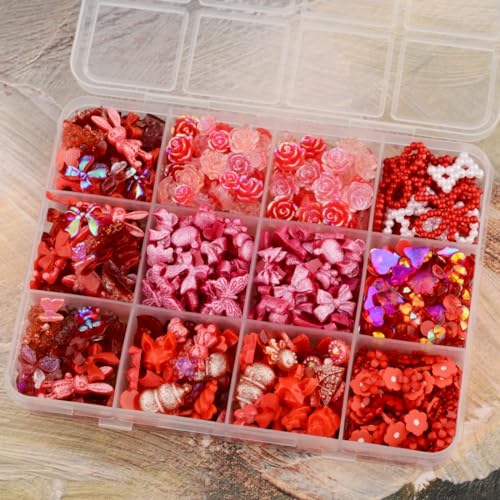 Umillars 400pcs Butterfly Bow Bear Snake Rabbit Moon Heart Rose Flowers Nail Art Charms with 450pcs Special Shape Flatback Rhinestones and Polymer Slices for Nail Art Designs (Red)