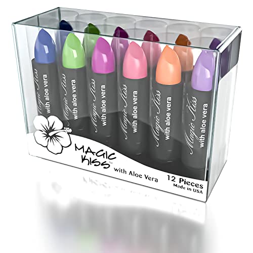 Magic Kiss Pack of 12 Color Changing Aloe Vera Lipstick Set Made in USA (Colors of Aloha 01)