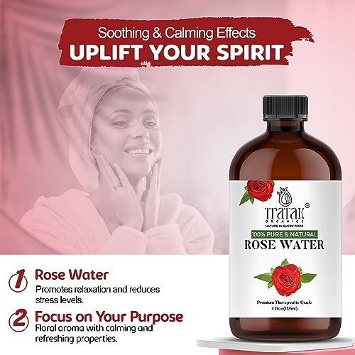 Rose Water 4 fl oz (118 ml) Organic Refreshing Rose Water Spray for Face & Skin Hydration, Pure Rosewater for Hair & Makeup Setting Spray, Reduce Eye Puffiness, Dark Circles & Redness, Huge 4 oz
