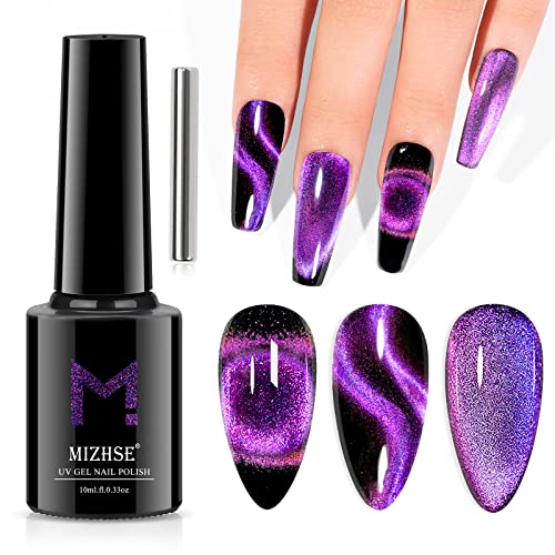 MIZHSE 9D Cat Eye Gel Nail Polish 10ml, Holographic Galaxy Cateye Magnetic Nail Polish Gel, Magic Chameleon Manicure Set(Purple)