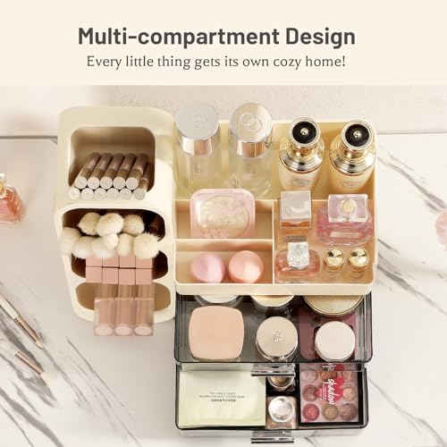 Aveniee Cream White Makeup Organizer with Drawers & Compartments, Vanity Storage for Cosmetics & Skincare