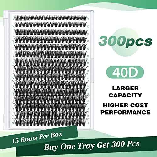 KEYYOU Lash Clusters 300pcs Individual Lashes 40D 0.07D Curl 9-18MIX DIY Eyelash Extension Large Tray Volume Soft&Natural Cluster Lashes(40D-0.07D,9-18MIX