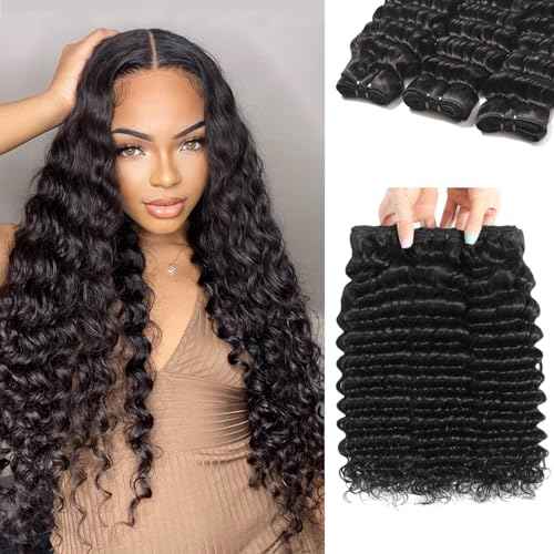 12A Deep Wave Bundles Human Hair 12 14 16 Inch Deep Wave Bundles 100% Unprocessed Brazilian Virgin Wet and Wavy Human Hair 3 Bundles Quick Weave Bundle for Women