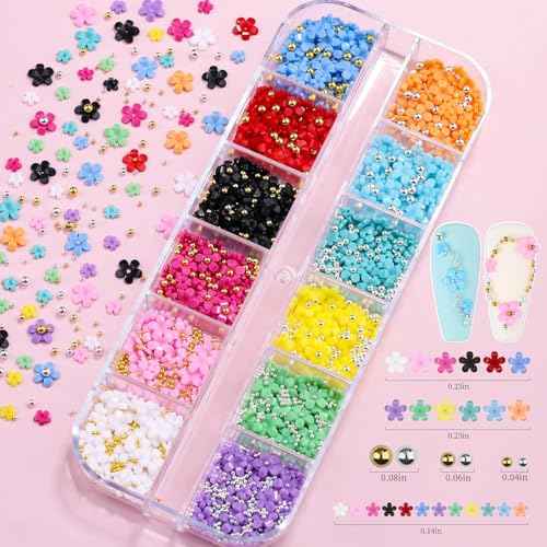 3D Colorful Flower Nail Art Charms, White Pink Acrylic Cherry Blossom Spring Petal Metal Gold Silver Round Caviar Beads Studs Pearl Rhinestones for Manicure Craft DIY (7-K3-solid)