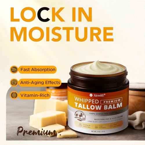 Grass-Fed Beef Tallow for Skin: Whipped Beef Tallow Face Body Moisturizer - All Natural Skincare Tallow Balm for Eczema and Dry Skin 4oz (Unscented)