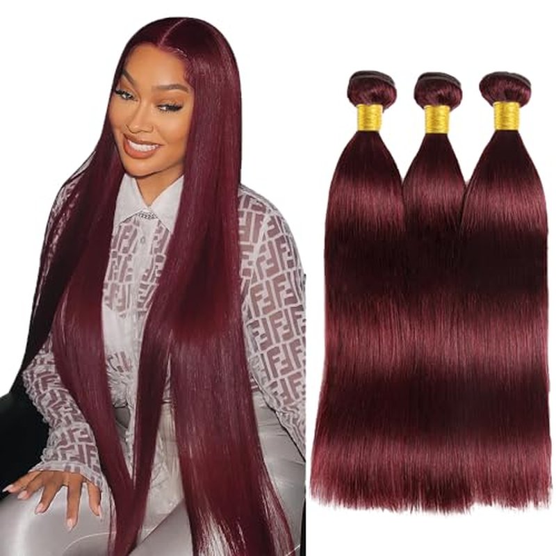 #99J Burgundy Straight Human Hair Bundles - 24 Inch, 3 Pack