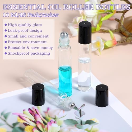48 Pack 10ml Clear Glass Roller Bottles for Essential Oils