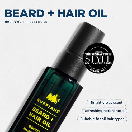 Ruffians Beard & Hair Oil (1.7 Oz Fl / 50 ML) Omega-Rich Nourishing Hair Oil Spray, Nourishing, Smooth Finish, for Beards and Dry Hair, Leave-In Hair Oil, Weightless Hair Oil Mist