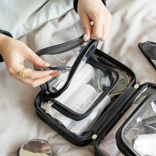 GRANNY SAYS TSA Approved Toiletry Bag, Clear Makeup Bag, Travel Toiletry Bag for Women, Leather Travel Cosmetic Bag, Portable PVC Waterproof Bag, Small Makeup Organizer, Black