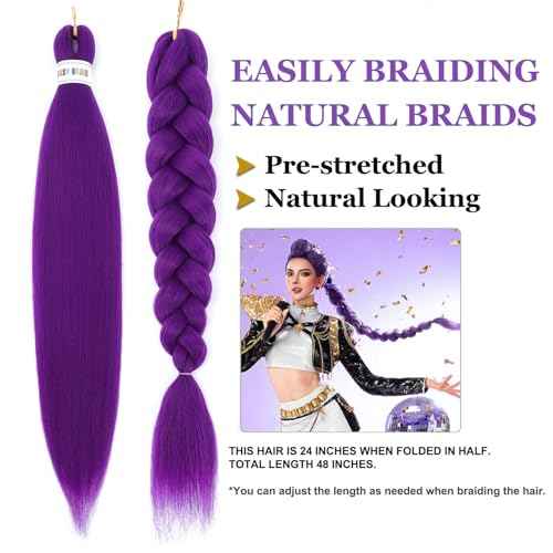 Purple Braiding Hair Pre Stretched Synthetic Braiding hair Extensions for Braids, Purple Hair Extensions for Stage Party Halloween Costume Cosplay 48 Inch 2 Packs
