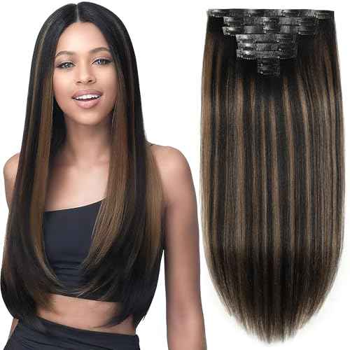 Caliee Yaki Straight Human Hair Clip in Extensions Black Woman Natural Black Mixed Chestnut Brown Yaki Seamless Hair Extensions Clip in Balayage 8 Pcs PU Weft 115G 18 Inch