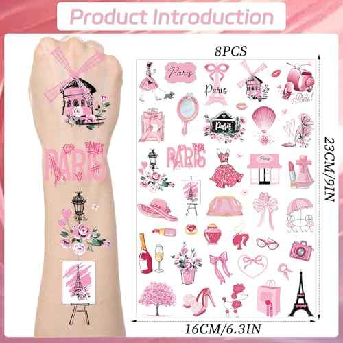 Pink Paris Temporary Tattoos - 200+ Paris Themed Party Decorations Favors Supplies for Girls Women French Theme Birthday Decor Eiffel Towers Bows Romantic Tattoo Stickers Gifts Rewards