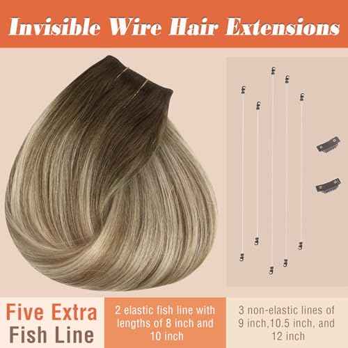 Sunny Hair Wire Hair Extensions Real Human Hair Fish Line Human Hair Extensions Invisible Wire Extensions Brown to Light Brown with Medium Blonde #3/8/22 12 Inch