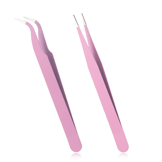 Tweezers for Crafting, 2PCS Sticker Tweezers Pink Craft Tweezers Stainless Steel Lash Cluster Tweezers Straight and Curved Nail Tweezers Eyelash Tweezers for Lash Extensions Scrapbooking Jewelry Tools