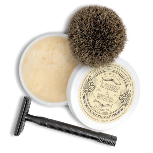 Lather & Wood Sandalwood Shaving Soap - Luxury Tallow-based Wet Shaving Cream - Dense Lather & Fresh Scent, 4.7oz