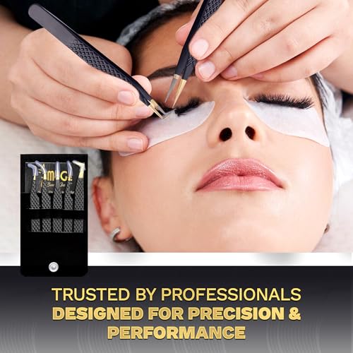 5 Pcs Fiber-Tip Japanese Steel Lash Tweezer Set with Leather Case, Professional Eyelash Tweezers for Lash Extensions ? Titanium Coated, 90 & 45 Angled, Precision Pointed Tweezers (MATT BLACK)