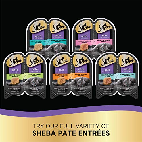 Sheba Wet Food PERFECT PORTIONS Paté Adult Wet Cat Food Trays (24 Count, 48 Servings), Delicate Salmon Entrée, Easy Peel Twin-Pack Trays , 1.32 Ounce (Pack of 48)