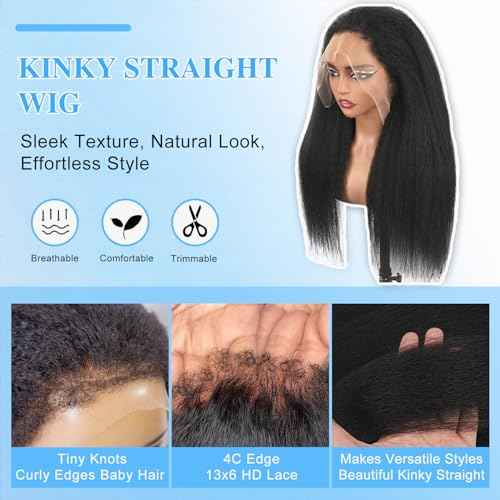 4C Edge Kinky Straight Human Hair Wigs 13x6 HD Lace Front Wigs Human Hair 250% Density Wig With Curly Edges Baby Hair For Black Women Natural Color 22 Inch