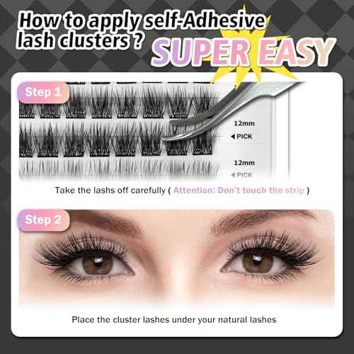 Self Adhesive Eyelashes, 156 Pcs Self Adhesive Eyelash Clusters, No Glue Needed, Invisible 2-Strip Tape - Longer Lasting, No Sticky Residue Pre Glued Eyelashes (Volume-Mixed)