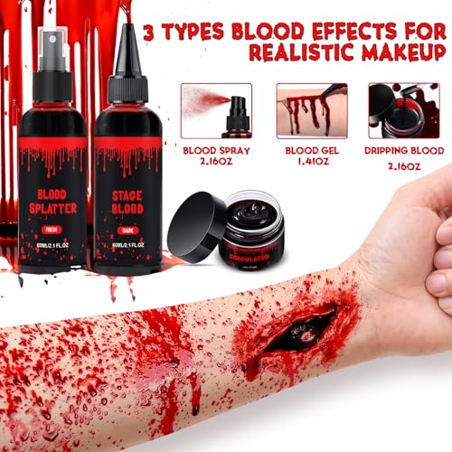 Halloween Fake Blood Makeup Kit - 3PC Set with Spray, Dripping & Gel