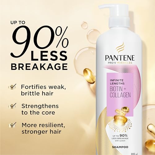 Pantene Infinite Lengths Shampoo, Sulfate Free with Biotin + Collagen, Strengthens Brittle Hair, Up to 90% Less Breakage, Safe for Color Treated Hair, Pro-V Miracles, Floral Scent, 30 Fl Oz