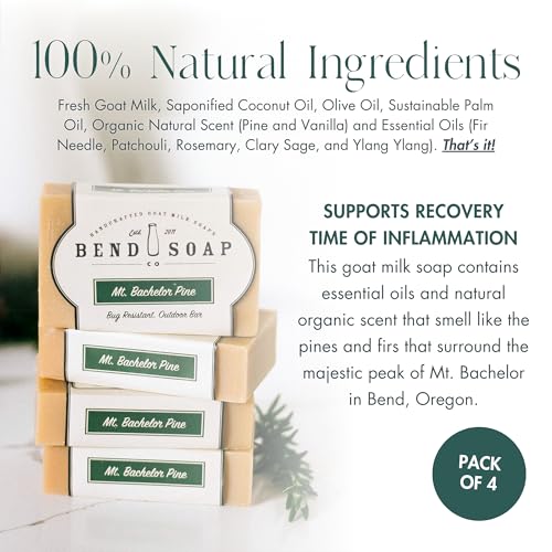 Bend Soap Company All Natural Handmade Goat Milk Soap for Dry Skin Relief, Mount Bachelor Pine, 4.5 oz Bars, 4 Pack