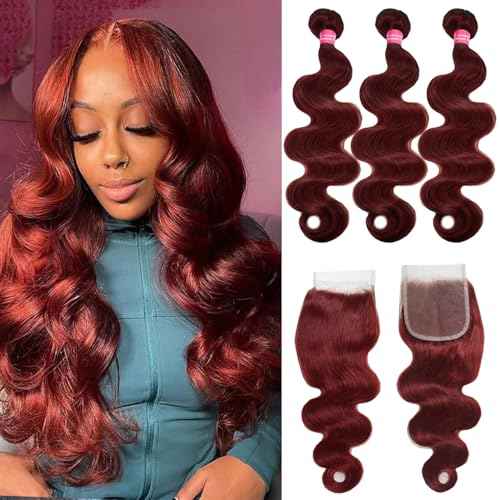 Reddish Brown Bundles With Closure Human Hair 20 22 24+20 Free Part, Copper Red Body Wave Human Hair Bundles With 4X4 Lace Closure 33 Reddish Brown Body Wave Bundle