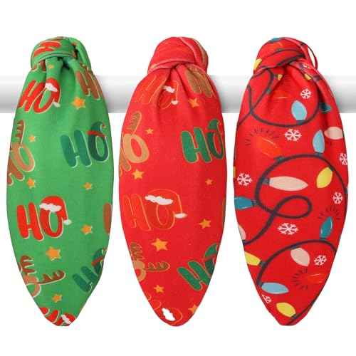 3Pcs Christmas Headbands for Women ? Red & Green HOHO & Light String Knotted Hair Hoops, Winter Holiday Accessory