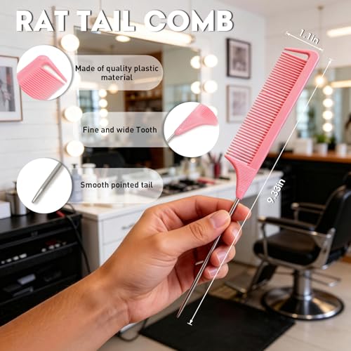 Salon-Style Rat Tail Combs Set - Steel Pin Teasing & Parting Combs for Hair Styling - Purple, Black, Pink