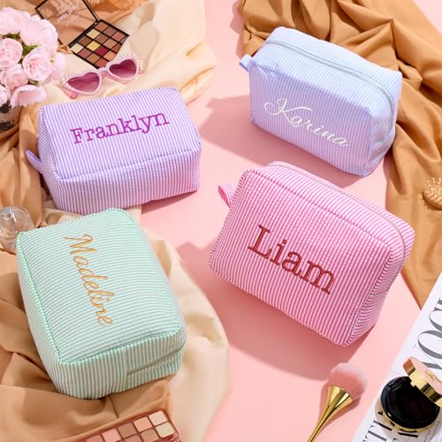 Personalized Cosmetic Bag with Name - Custom Seersucker Makeup Bags for Women, Single Color Embroidery