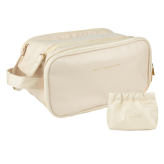 KEYPOWER Travel Makeup Bag Toiletry Bag Large Capacity Cosmetic Portable Waterproof Large Opening Vertical Free-Standing & Small Clutch for Women (White)