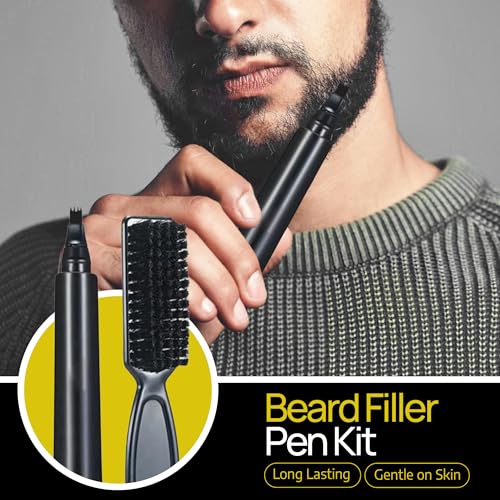 Beard Filler Pen (4-Tip) - Black Beard Pencil Filler for Men Waterproof Patchy Beard Solution - Beard Filler Kit Long Lasting Beard Filling Pen with Brush
