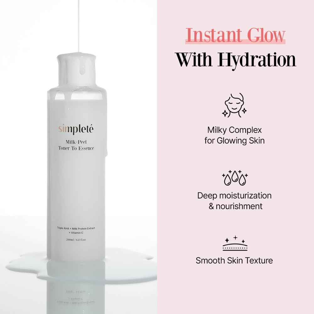 Simpleté Milkpeel Toner to Essence – Gentle Daily Exfoliating, Hydrating Toner for Smooth, Radiant Skin, Strengthens Moisture Barrier, Perfect for Sensitive Skin, Balanced, Healthy Glow, 200ml